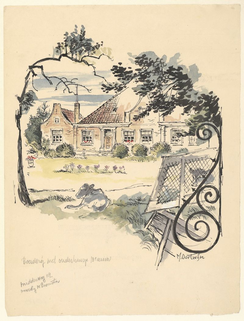 Óleo sobre tela de Maarten Oortwijn retratando uma fazenda em uma paisagem exuberante.
