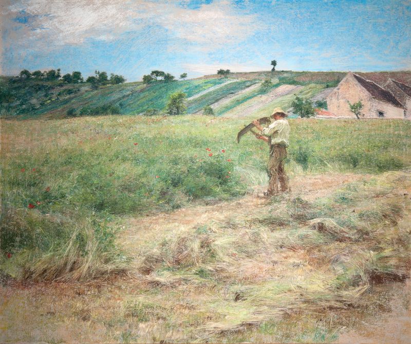 Haymaking by Léon Augustin Lhermitte, oil on canvas depicting farmers working in golden sunlight.