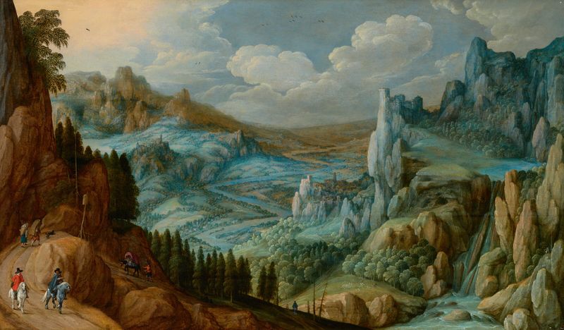 An extensive mountainous landscape with travellers on a path, oil on canvas by Tobias Verhaecht.
