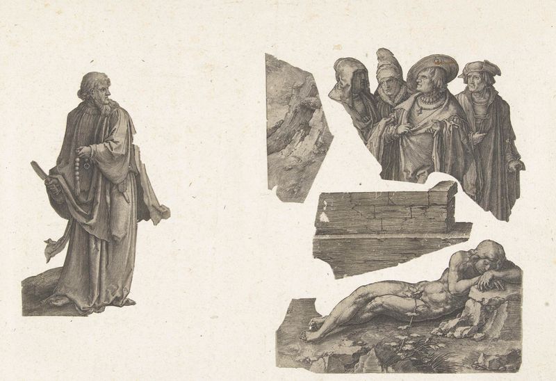 Grabado de Bartholomeus por Lucas van Leyden, que representa una figura religiosa solemne