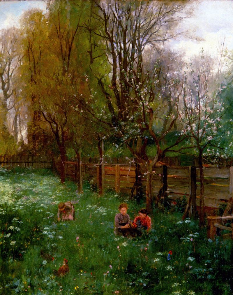 Jardim de primavera com flores rosas e brancas, pintura a óleo de Johann Sperl