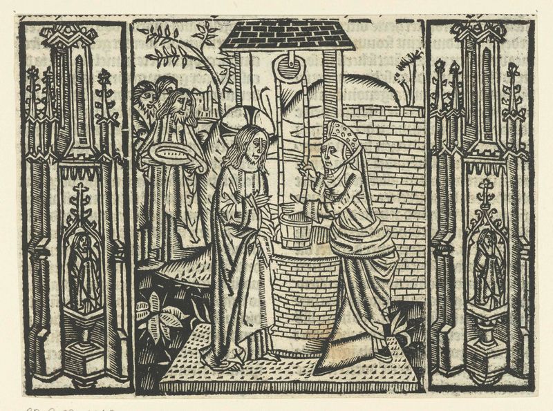 Cena religiosa retratando Cristo e a mulher samaritana, obra em papel de Master of Delft
