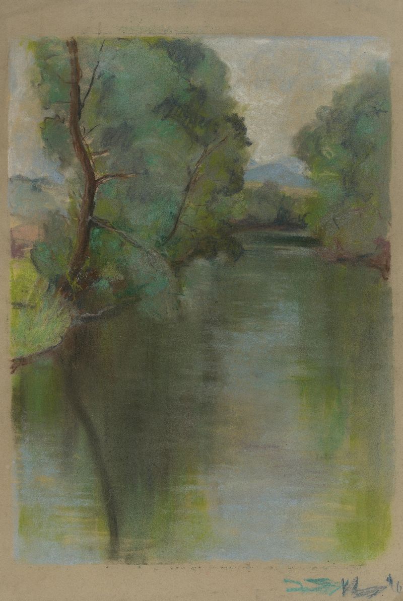 Silent River by Zolo Palugyay, oil painting depicting a serene river winding through a dense forest.