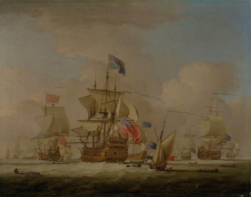 Marine scene with ships in the ocean by Peter Monamy, oil painting