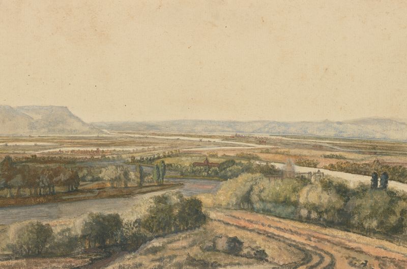 River Landscape by Philips Koninck, oil painting of a tranquil river and horizon.