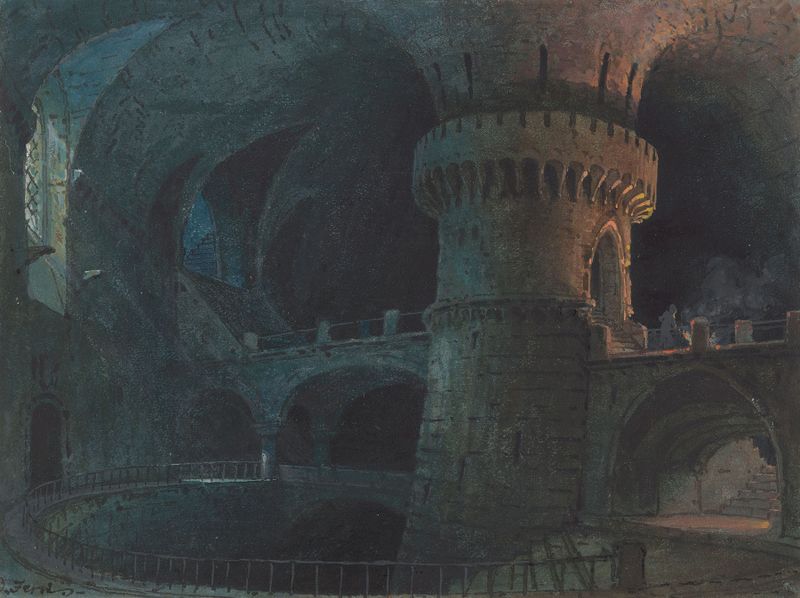 Gothic interior scene depicting a medieval prison by Domenico Ferri