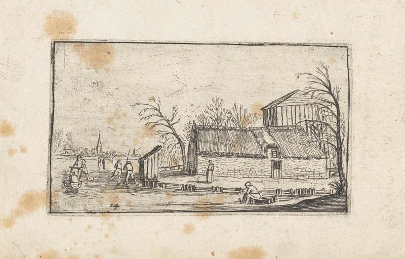 Río congelado con patinadores cerca de una granja, grabado de Unknown Artist