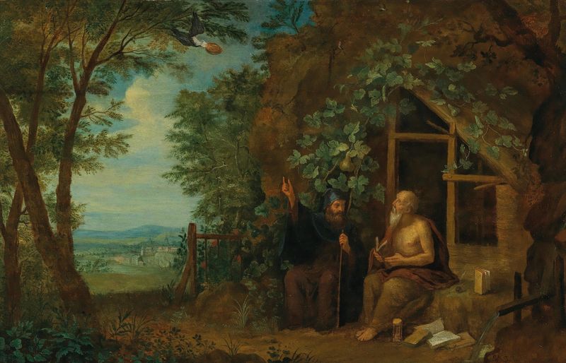 Os eremitas Paulo e Antônio em uma paisagem, óleo sobre tela de Balthasar Beschey
