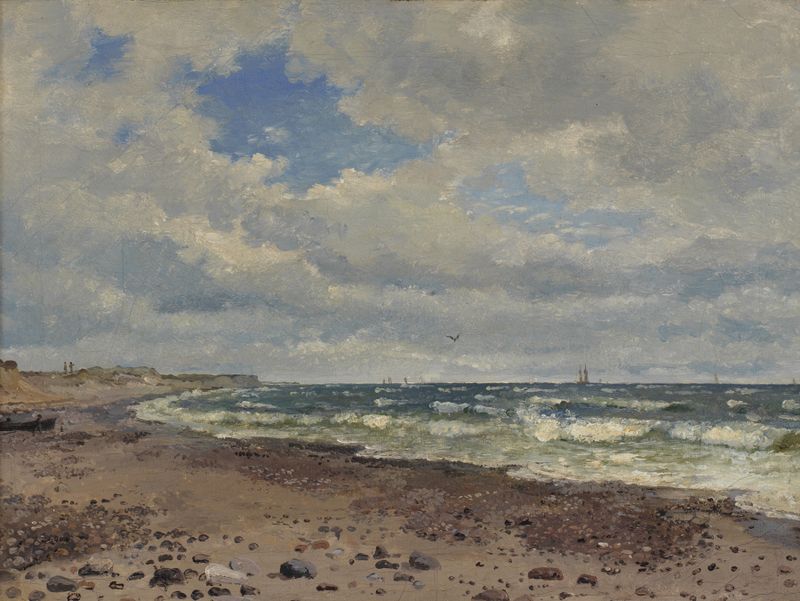 A Beach with Dunes by Dankvart Dreyer, oil on canvas depicting a serene beach landscape.