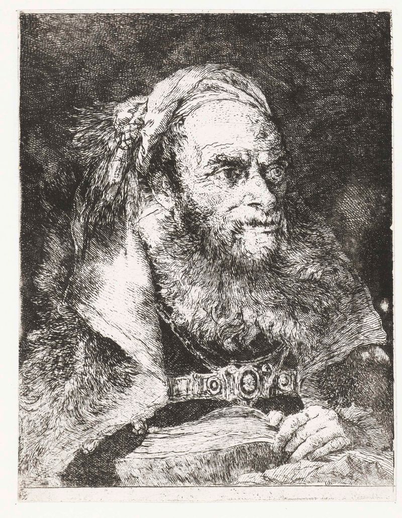 Gravura de Giovanni Domenico Tiepolo mostrando um homem com um livro aberto e jogo de luz.