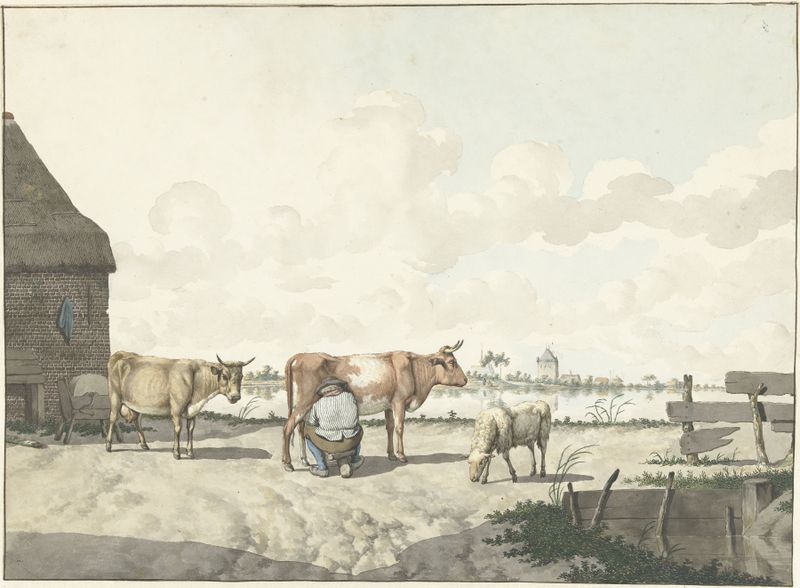 Genre scene of a farmer milking a cow, oil on canvas by W. Barthautz