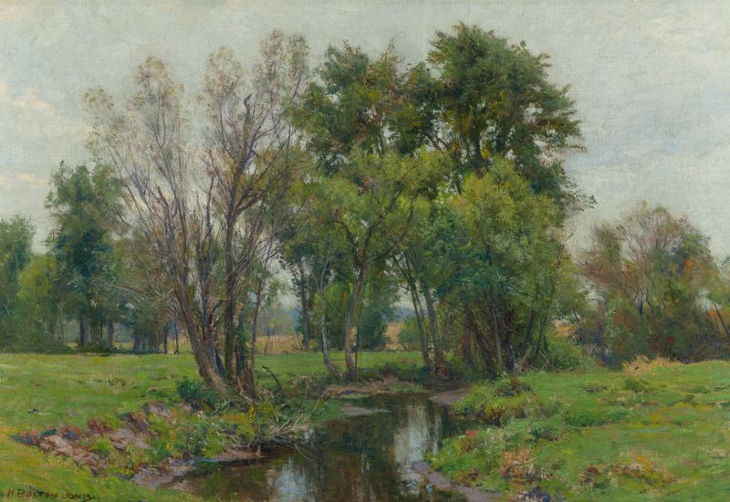 A Meadow Stream by Hugh Bolton Jones, oil painting depicting a tranquil river with lush greenery.