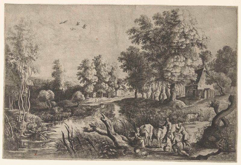 Agricultores com gado perto de um riacho, gravura de Lucas van Uden