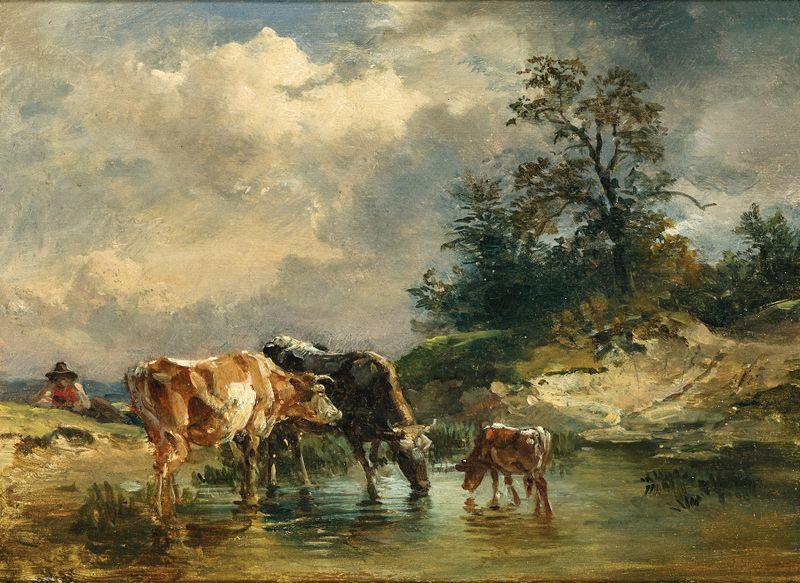 Vacas cerca de un abrevadero, óleo de Friedrich Gauermann
