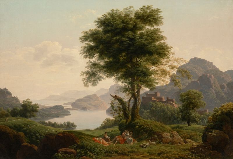 Un extenso paisaje lacustre al amanecer con Orfeo y Eurídice, óleo sobre lienzo de Jean-Pierre Péquignot.