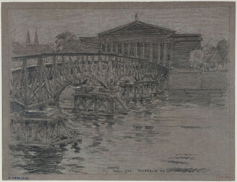 La passerelle de la Concorde de Ferdinand Boberg, obra modernista que retrata uma ponte em tons de azul suaves