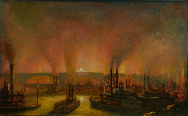 Dedication of Eads Bridge de William James Hinchey, retratando uma multidão ao pôr do sol, pintura a óleo.