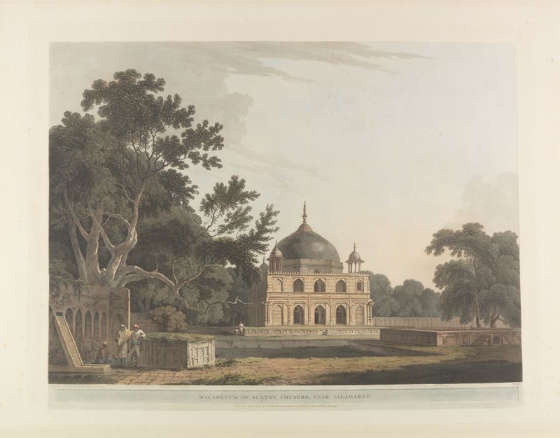 Oriental Scenery Pl. 17 de Thomas Daniell, grabado que representa un río tranquilo al atardecer.