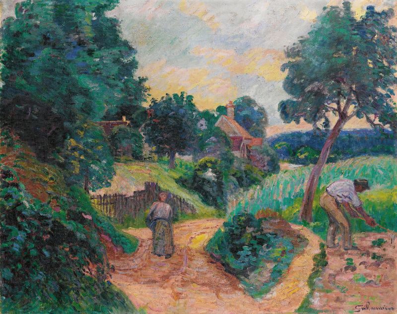 Paisagem com caminho e céu vibrante, óleo sobre tela de Armand Guillaumin