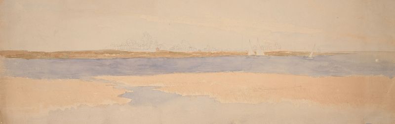 River Landscape with Town on Far Shore, oil painting by Edwin Austin Abbey, featuring a river and town at twilight.