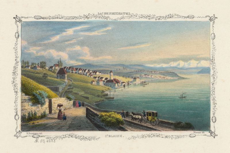 Lac de Neuchatel oil painting by Jean Henri Baumann depicting a serene lakeside landscape