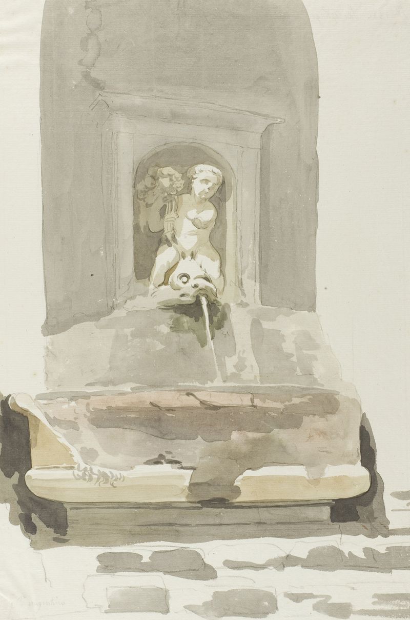Acuarela de Abraham-Louis-Rodolphe Ducros que muestra un sarcófago rodeado de follaje