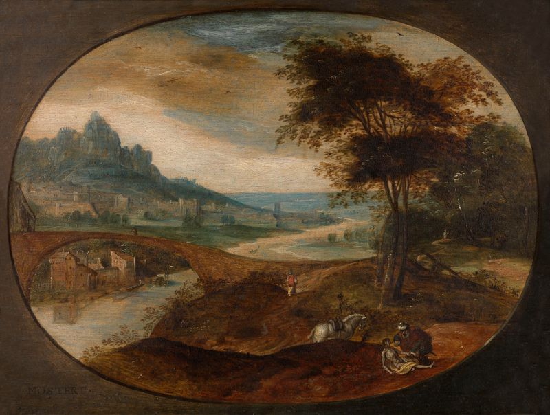 Landscape with the Good Samaritan, óleo sobre panel de Frans Mostaert