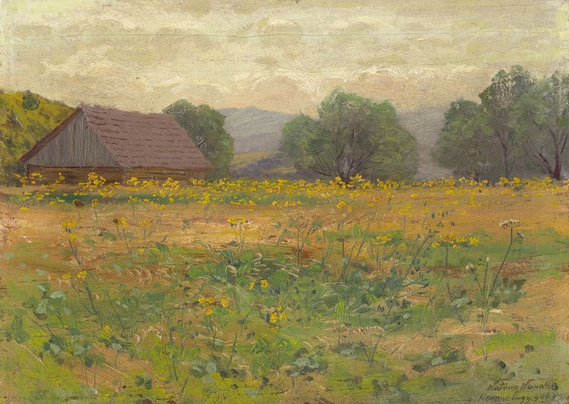 In the Meadow, oil on canvas by Ferdinand Katona, depicting a vibrant landscape with lush grass and sunlight.