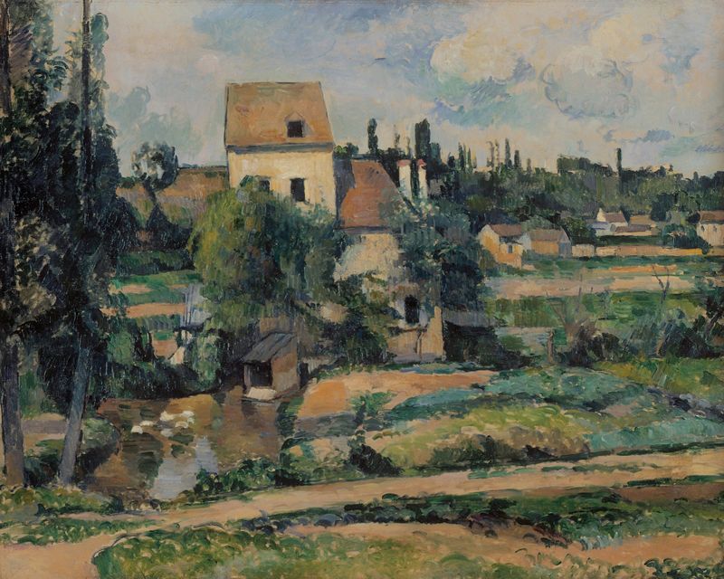 Mill on the Couleuvre at Pontoise by Paul Cezanne, oil painting depicting a tranquil landscape with hills and a river.