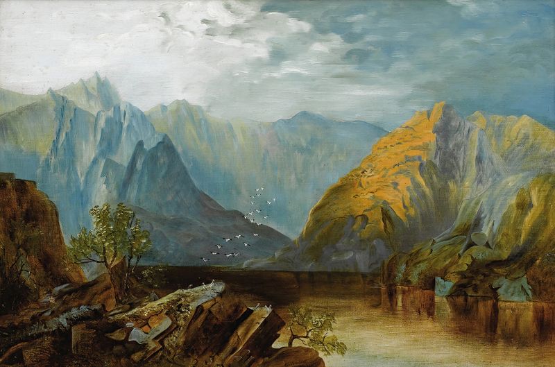 Paisaje que representa el río Weber con follaje, pintura al óleo de Sarah E. Sill