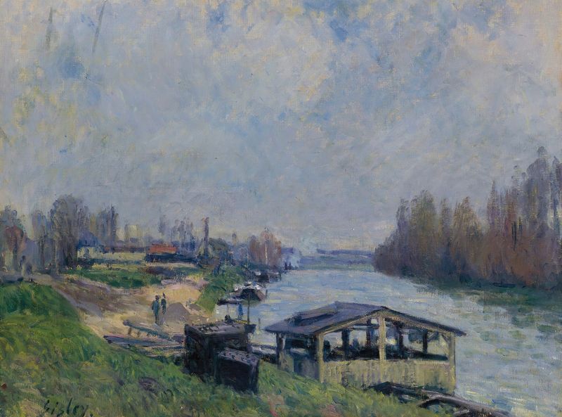 Le Lavoir De Billancourt de Alfred Sisley, óleo sobre tela que retrata uma figura ao lado do lavoir.
