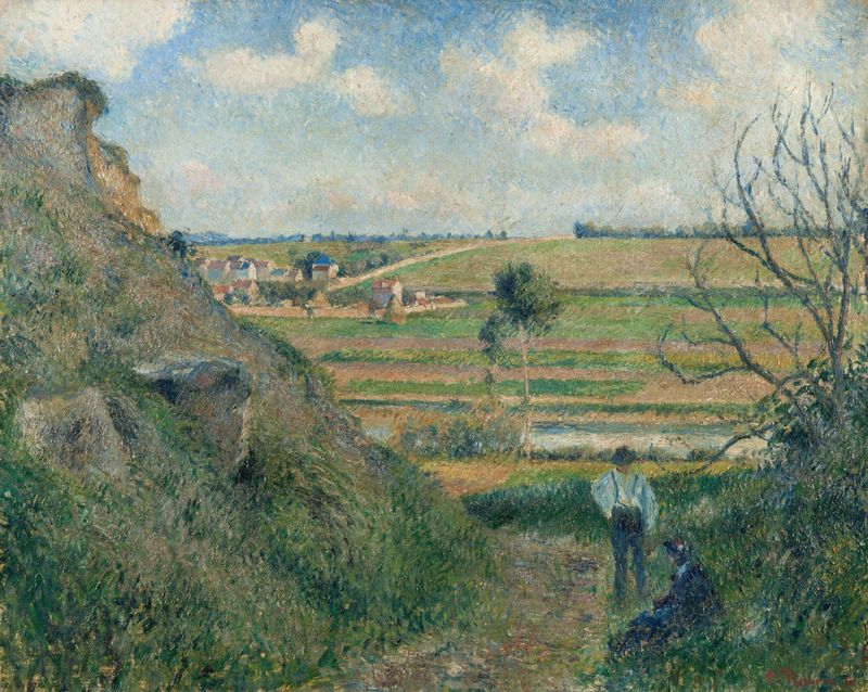 Landscape, Bazincourt de Camille Pissarro, óleo sobre tela representando colinas e céu manchado.