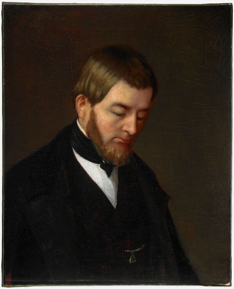 Retrato de uma figura solene com olhos assombrados, óleo sobre tela de um artista não identificado