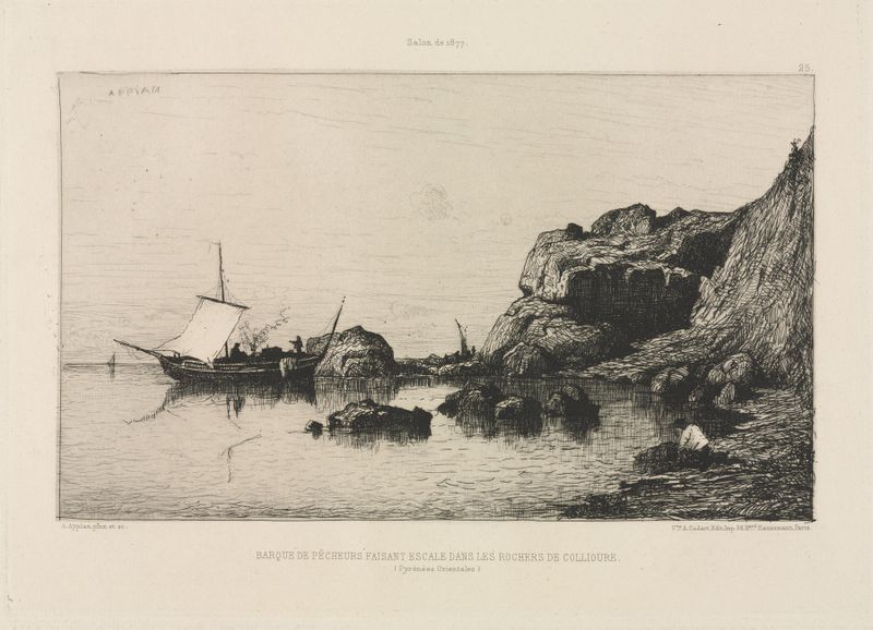 Barco de pesca fazendo uma parada nas rochas de Collioure, óleo de Adolphe Appian