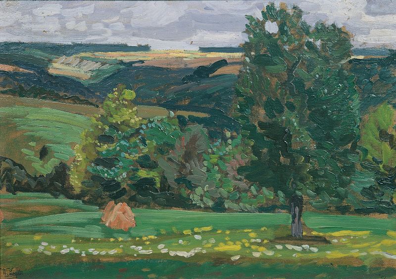 Landschaft in Württemberg by Wilhelm Legler, oil painting depicting a lush forest with bold trees.