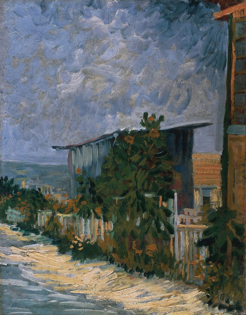 Shelter on Montmartre de Vincent van Gogh, óleo sobre tela representando uma estrutura humilde cercada pela natureza.