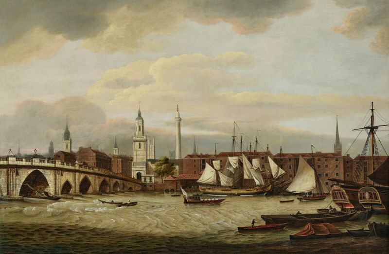 Marine scene of ships at the wharfside, oil on canvas by Thomas Luny
