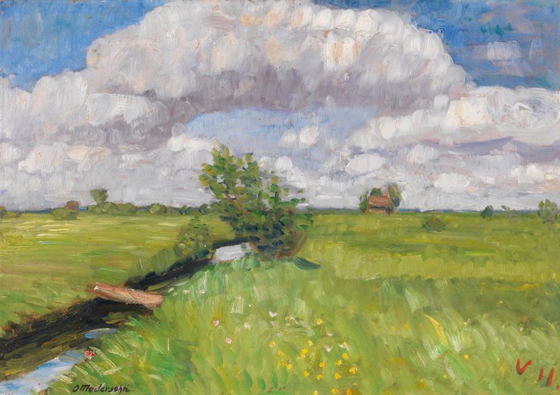 Campos verdes exuberantes con flores silvestres en pintura al óleo de Otto Modersohn