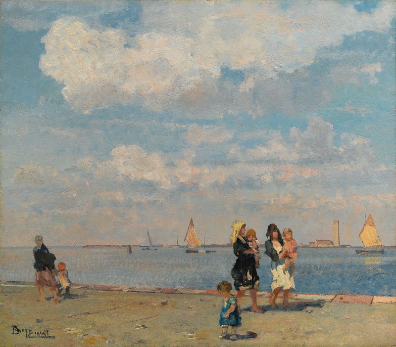 Pintura al óleo impresionista de Beppe Ciardi que representa figuras junto al agua en Venecia
