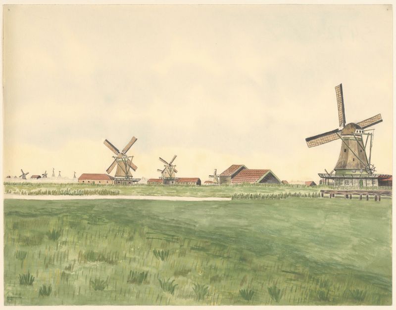 Paisagem com moinho e barcos de Johannes Nicolaas Eijman, pintura a óleo