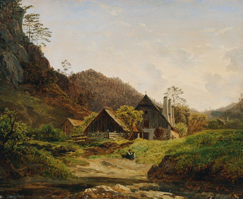 Landschaft mit Hammerschmiede by Ferdinand Georg Waldmüller, oil painting depicting a blacksmith forge in the countryside.
