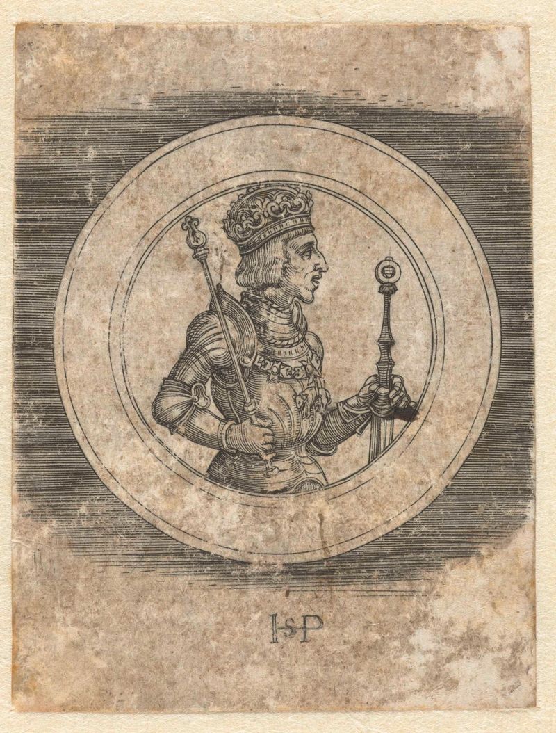 Gravura do Rei Ferdinand I por Hans Sebald Beham, apresentando detalhes faciais intrincados.