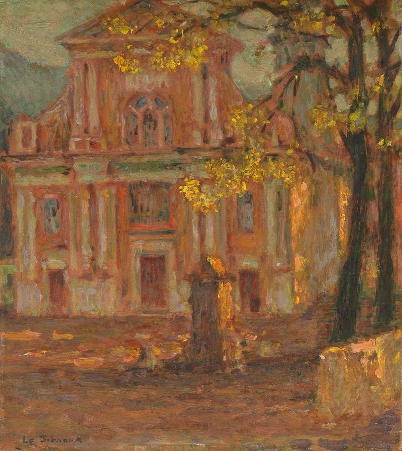 L’église, Dolceacqua by Henri Le Sidaner, oil on canvas depicting a church at twilight