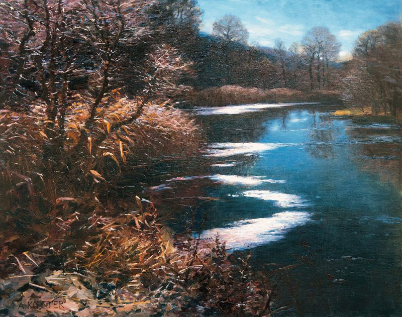 Altwasser bei Brixen, oil on canvas by Alexander Koester, depicting a tranquil river and forest.