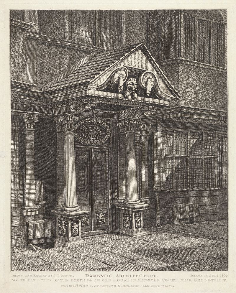 Engraving by John Thomas Smith depicting an old house porch with ivy and brick