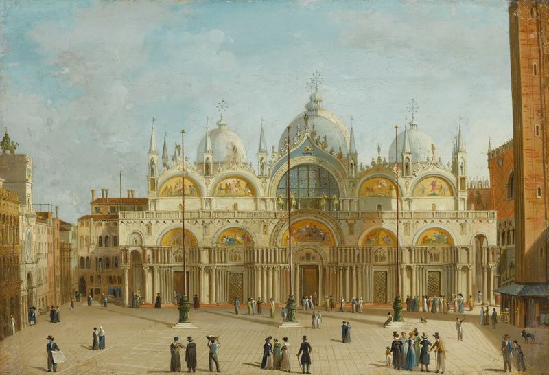 Saint Mark’s Square, Venice by Carlo Grubacs, oil painting featuring light and shadow interplay.