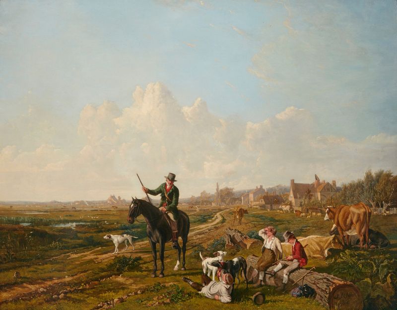 Genre scene depicting a mounted gamekeeper with cattle herders, oil painting by John James Chalon