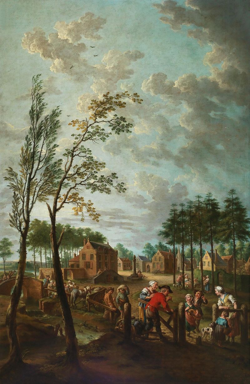 Escena de género que muestra campesinos en un pueblo, pintura al óleo de Jan Anton Garemijn