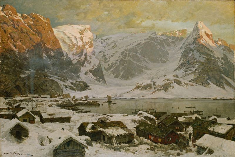 Oil painting by Otto Sinding depicting mountains and a village in morning light
