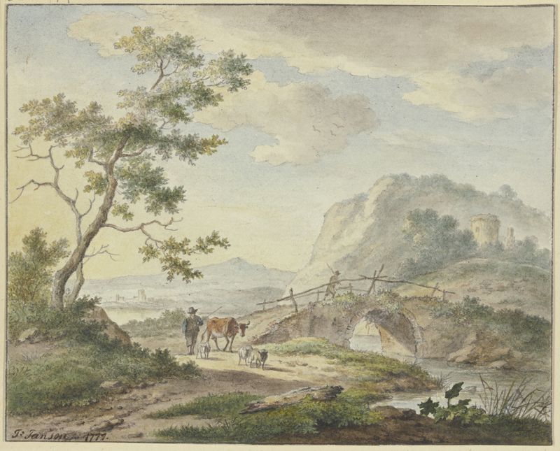 Genre scene with a man on a bridge, farmer, cow, and sheep by Johannes Christiaan Janson, unknown medium.